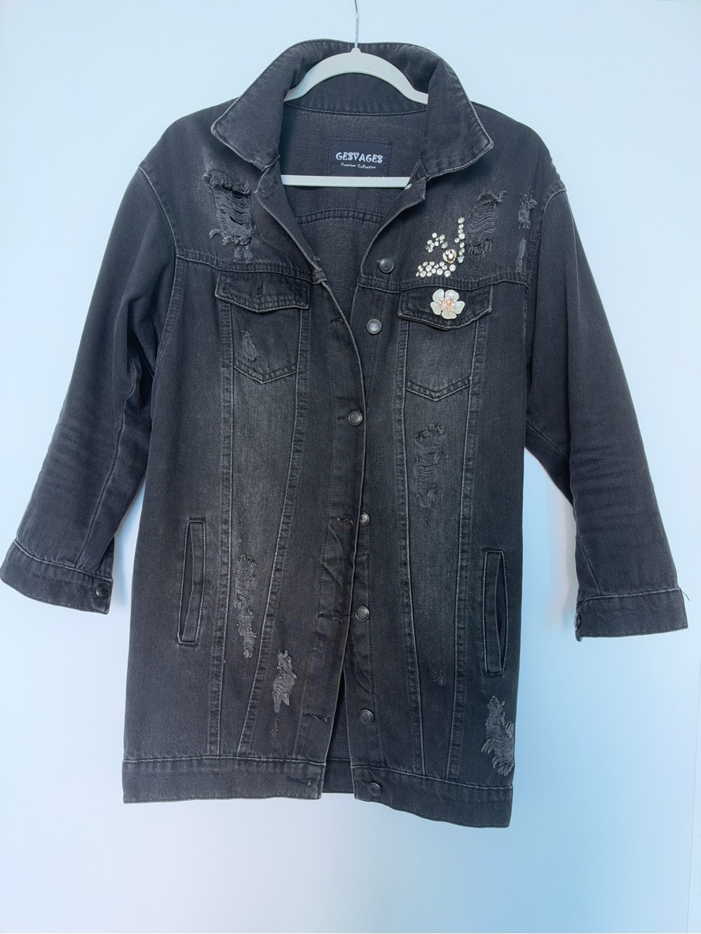 Distressed Black Denim Coat with Embellishment